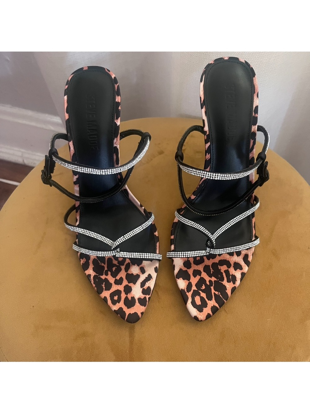 Steve Madden Leopard Print Pink and Black Rhinestone Strap Heels